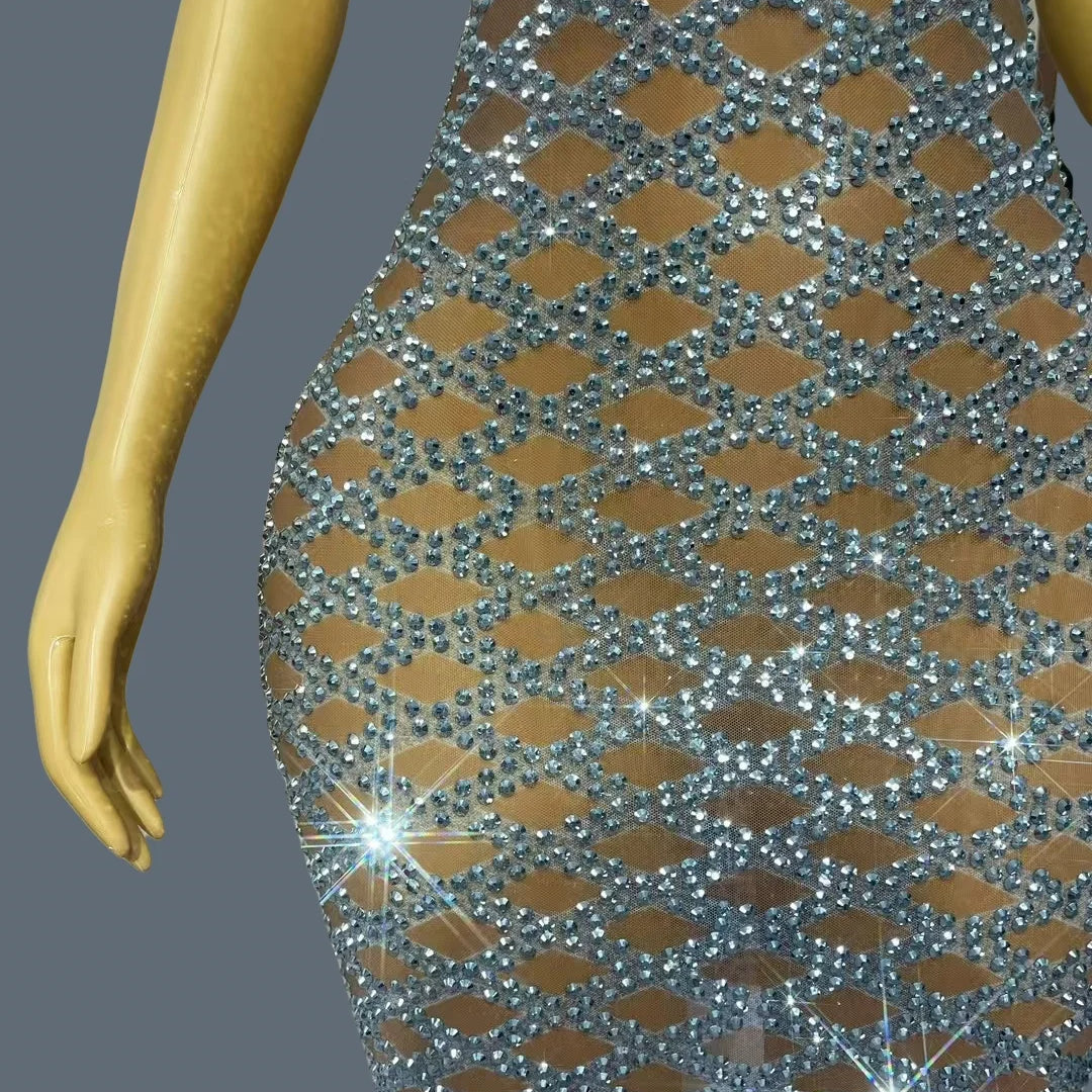 Women High-end Silver Crystals Mini Dress Sparkly Chic Ball Dress Sheer Mesh Sleeveless Birthday Party Sexy Dress linggejiaodian