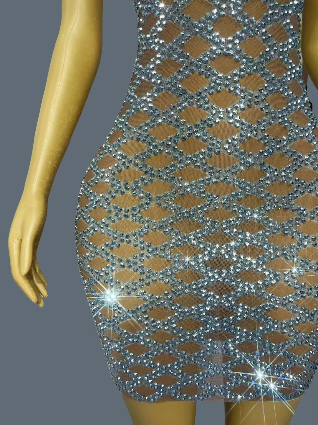 Women High-end Silver Crystals Mini Dress Sparkly Chic Ball Dress Sheer Mesh Sleeveless Birthday Party Sexy Dress linggejiaodian