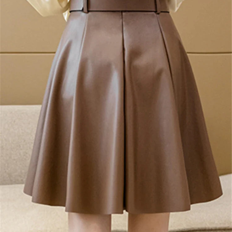 REALEFT Women's PU Leather Skirts With Belted 2022 New Fashion Solid Color High Waist Casual Short Ladies A-Line Skirts Female