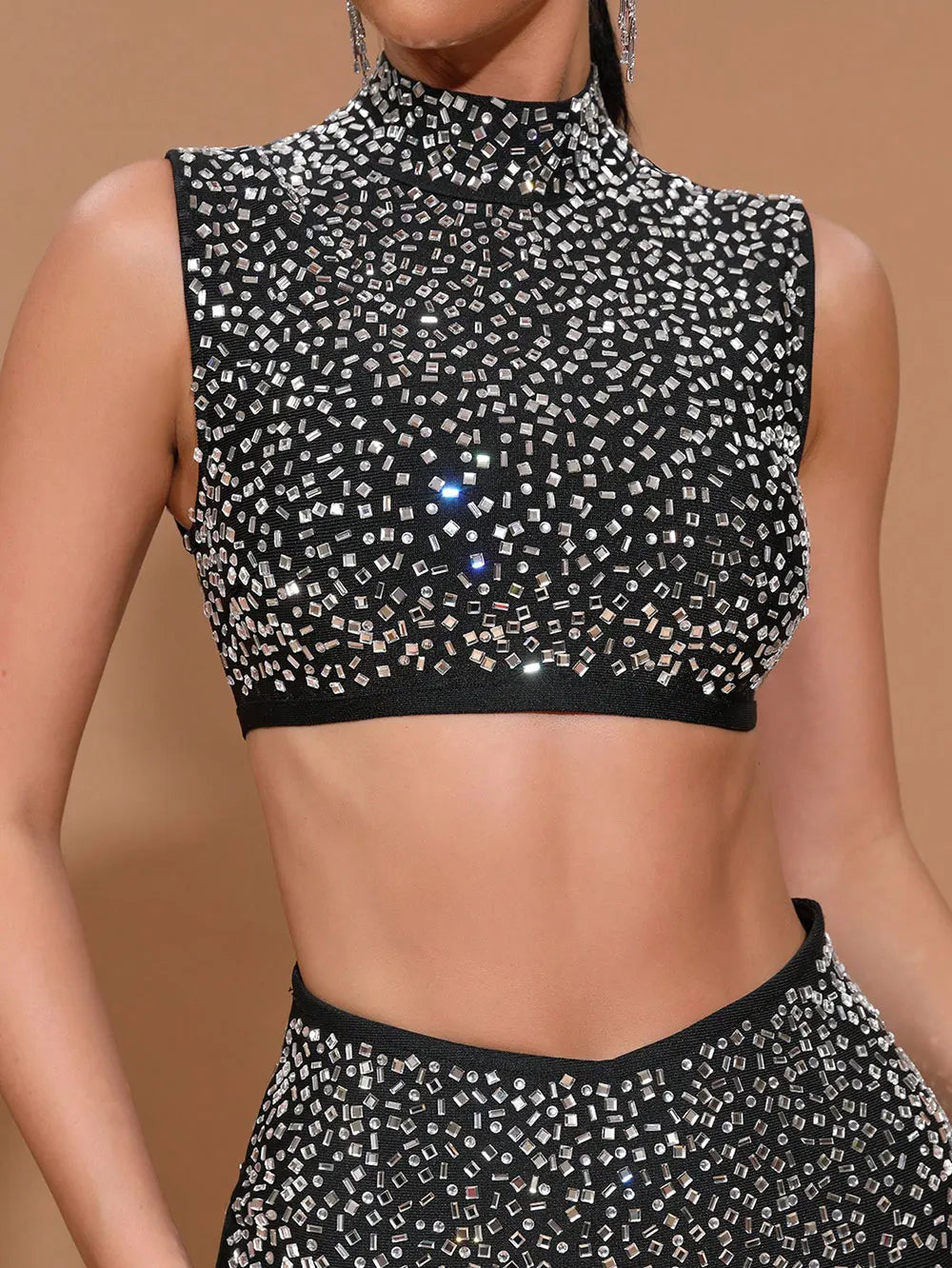 2025 Sexy Women'S Light Luxury Hot Stamping Design Long Skirt Bandage Set O-Neck Sleeveless Ultra Short Top+Skirt Two-Piece Set