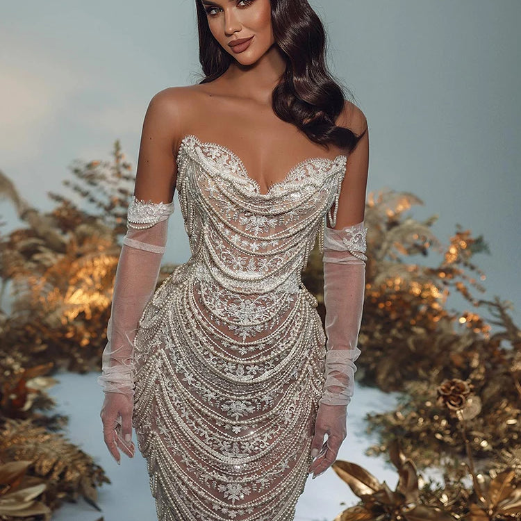 Women'S Evening Dress Luxury Pearl Chain Eelgant Mermaid Maxi Long Gown With Gloves Celebrity Party Vestidos