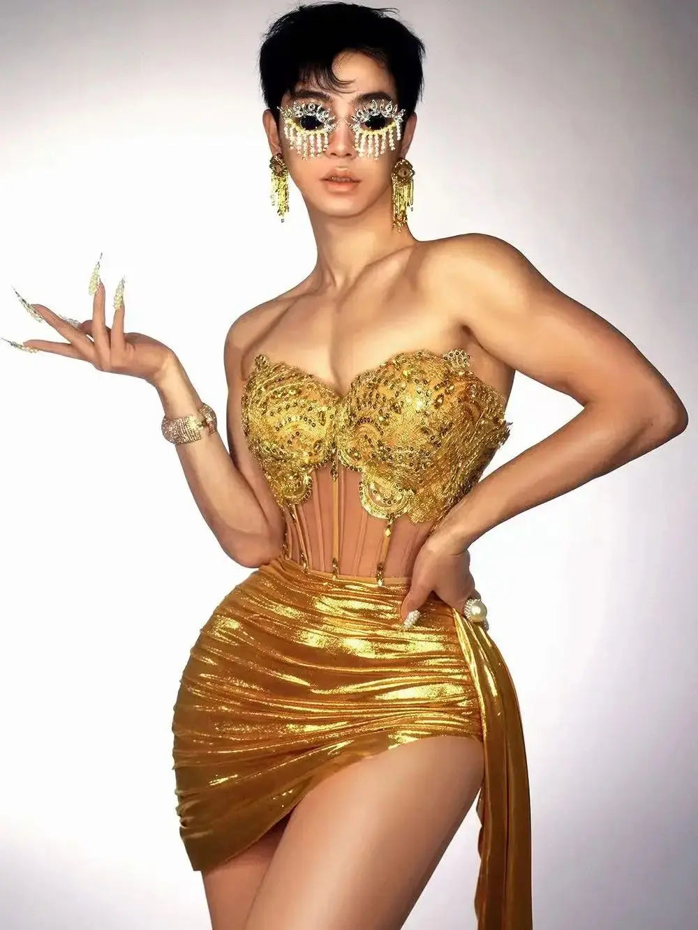 Stock Women Strapless Backless Gold Ruched Mini Skirt Set Birthday Party Costume Bar Nightclub Stage Performance Clothing Gold