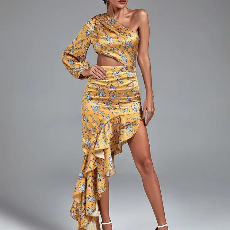 Floral Print Long Dress Women Luxury Evening Party Dress Elegant Ruffle Sexy One Shoulder Birthday Club Outfits Summer 2023