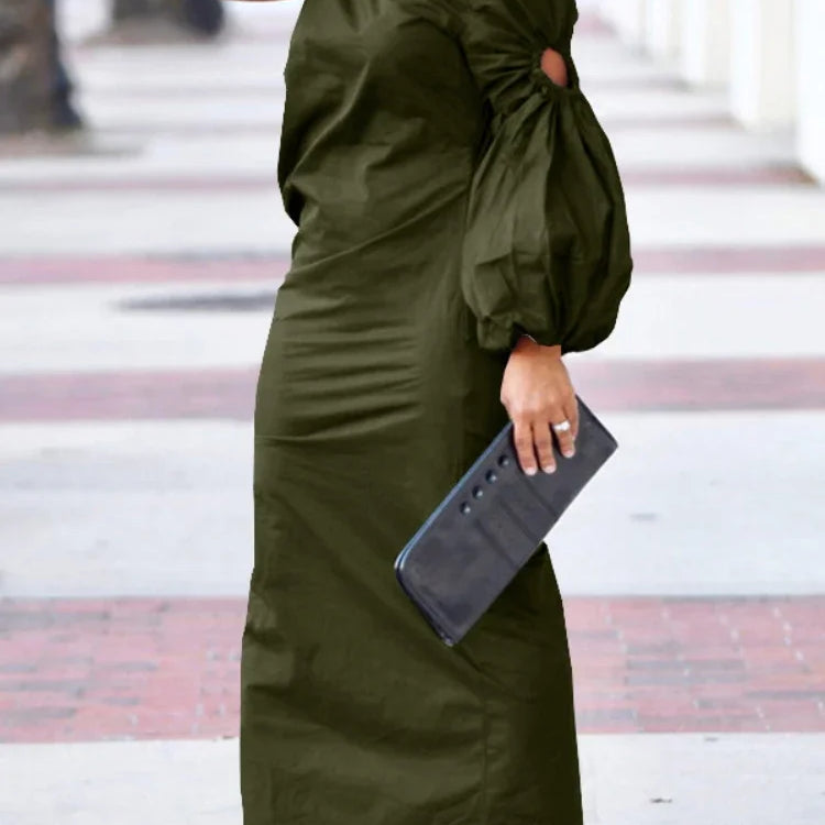 Women Cutout One Long Sleeve Ruched Side Split Maxi Bodycon Midi Dress 2023 Winter Vintage Sexy Party Dresses Vestidos Army Green