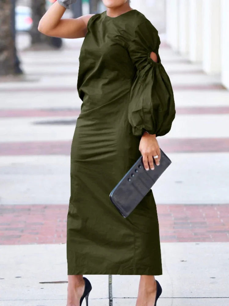 Women Cutout One Long Sleeve Ruched Side Split Maxi Bodycon Midi Dress 2023 Winter Vintage Sexy Party Dresses Vestidos Army Green