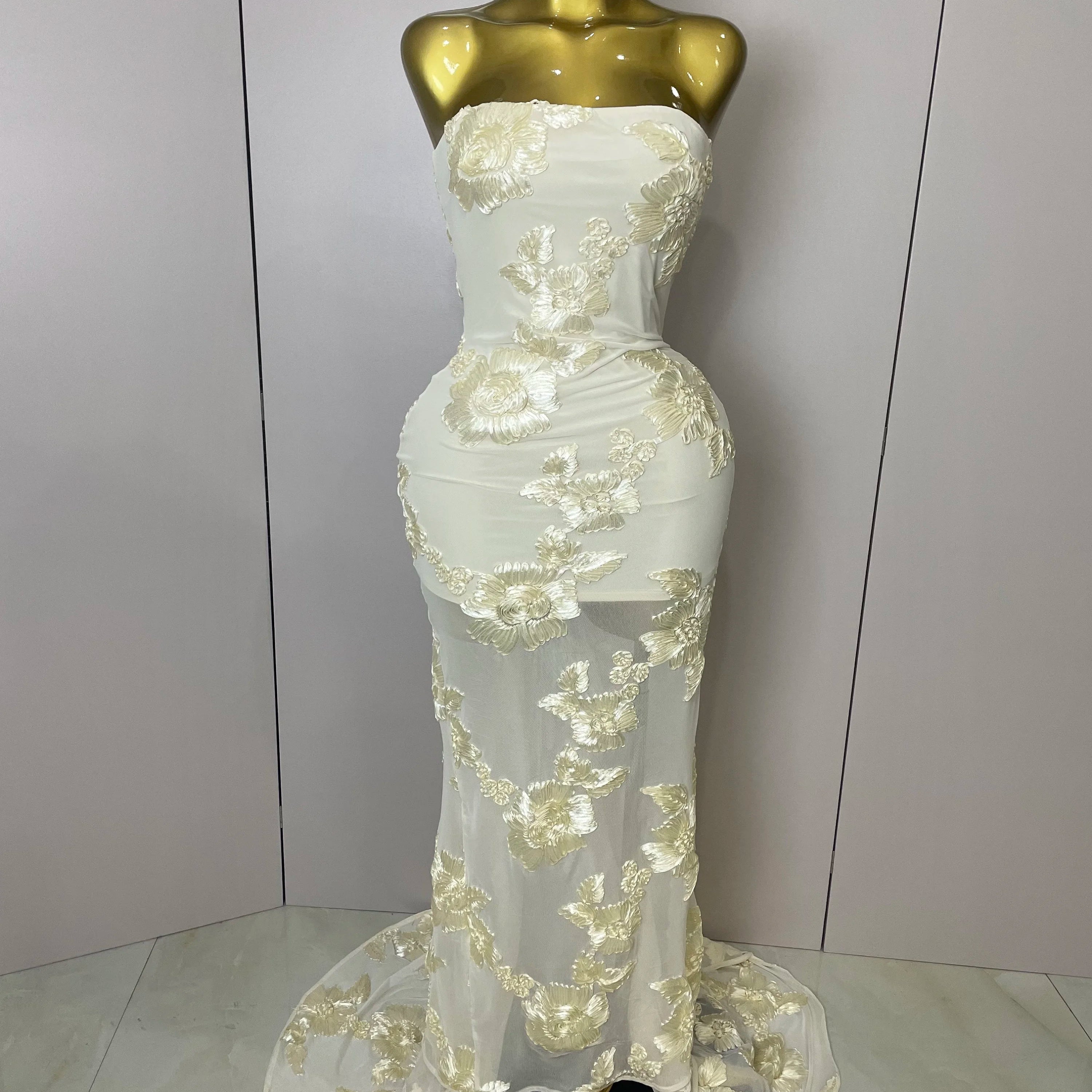 2025 New Top Quality Women Sexy Strapless Embroidery Floor-length Maxi Dress Celebrate Evening Party Prom Cocktail Outfit Lemon yellow