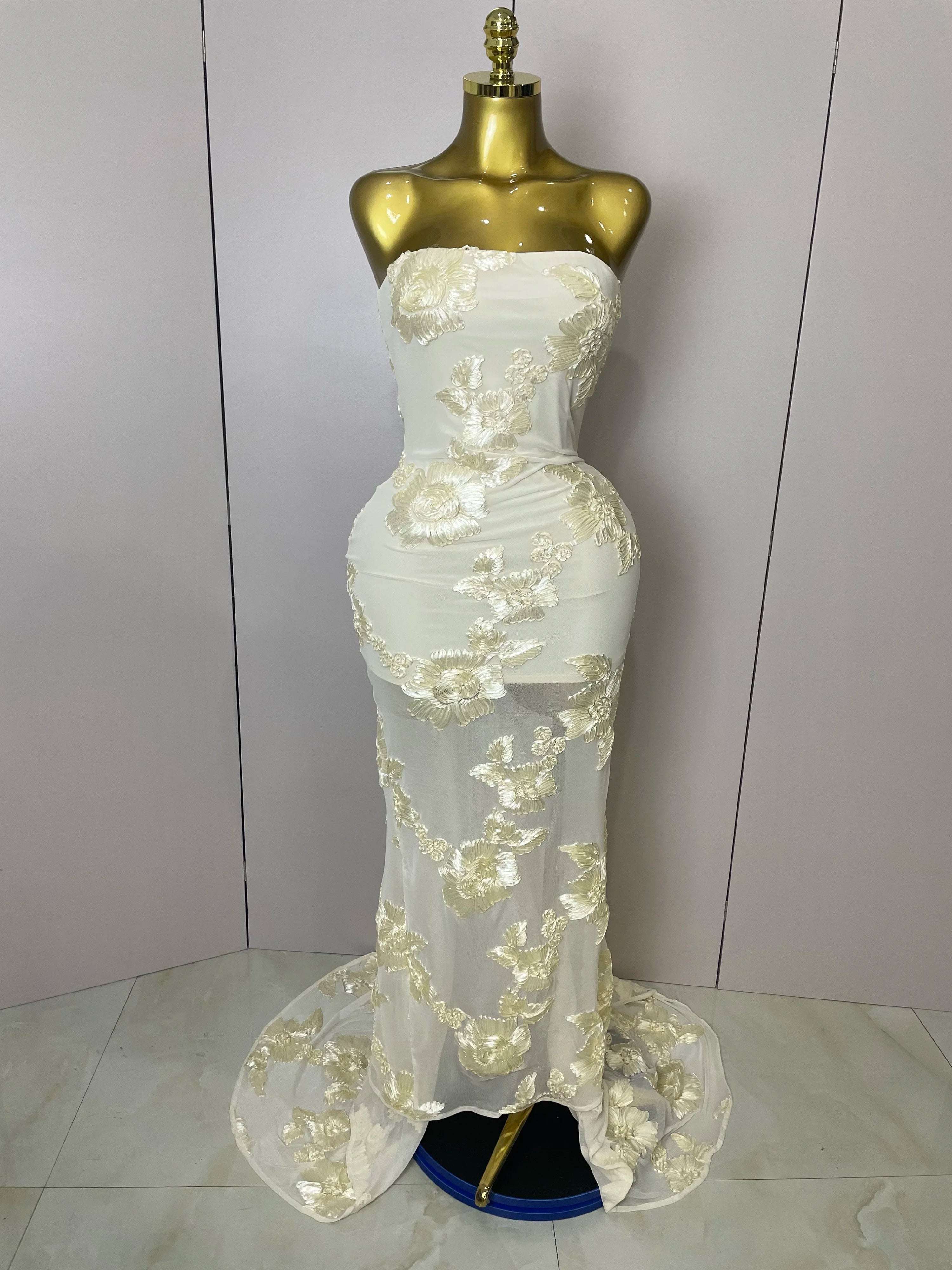 2025 New Top Quality Women Sexy Strapless Embroidery Floor-length Maxi Dress Celebrate Evening Party Prom Cocktail Outfit Lemon yellow