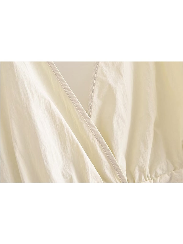 TRAF Summer Women Safari Style Jumpsuit With Belt 2024 New Female Solid Pocket Decoration Deep V-Neck Backless Camisloe Bodysuit