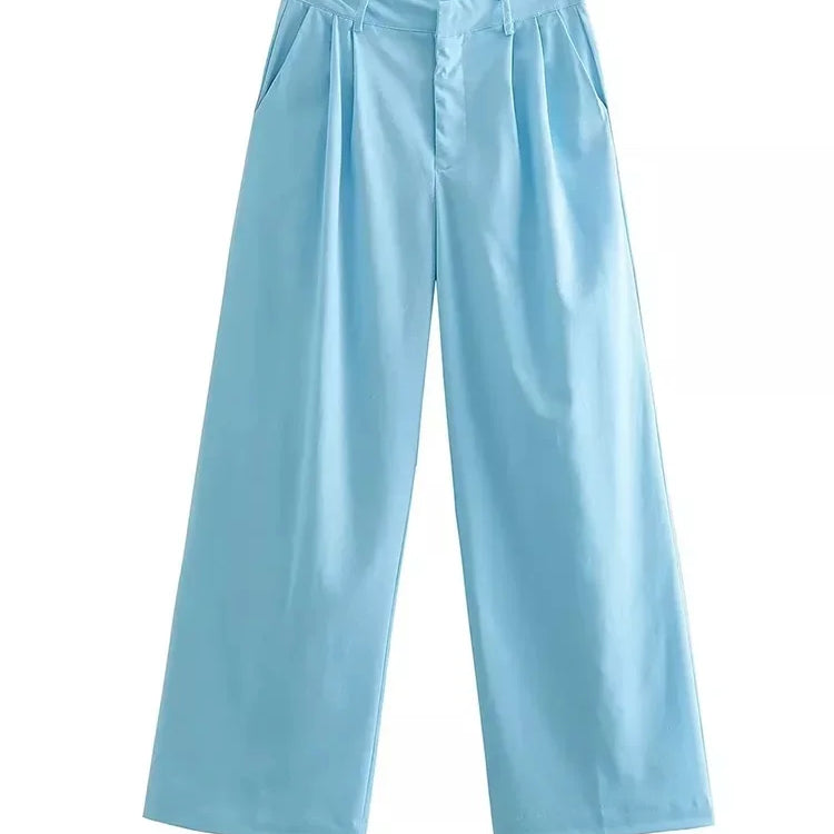 Women Blue Pants 2 Pieces Sets Fashion Linen Vest Tops+Straight Pants Office Suit Vintage Woman Two Pieces Outfit Pants