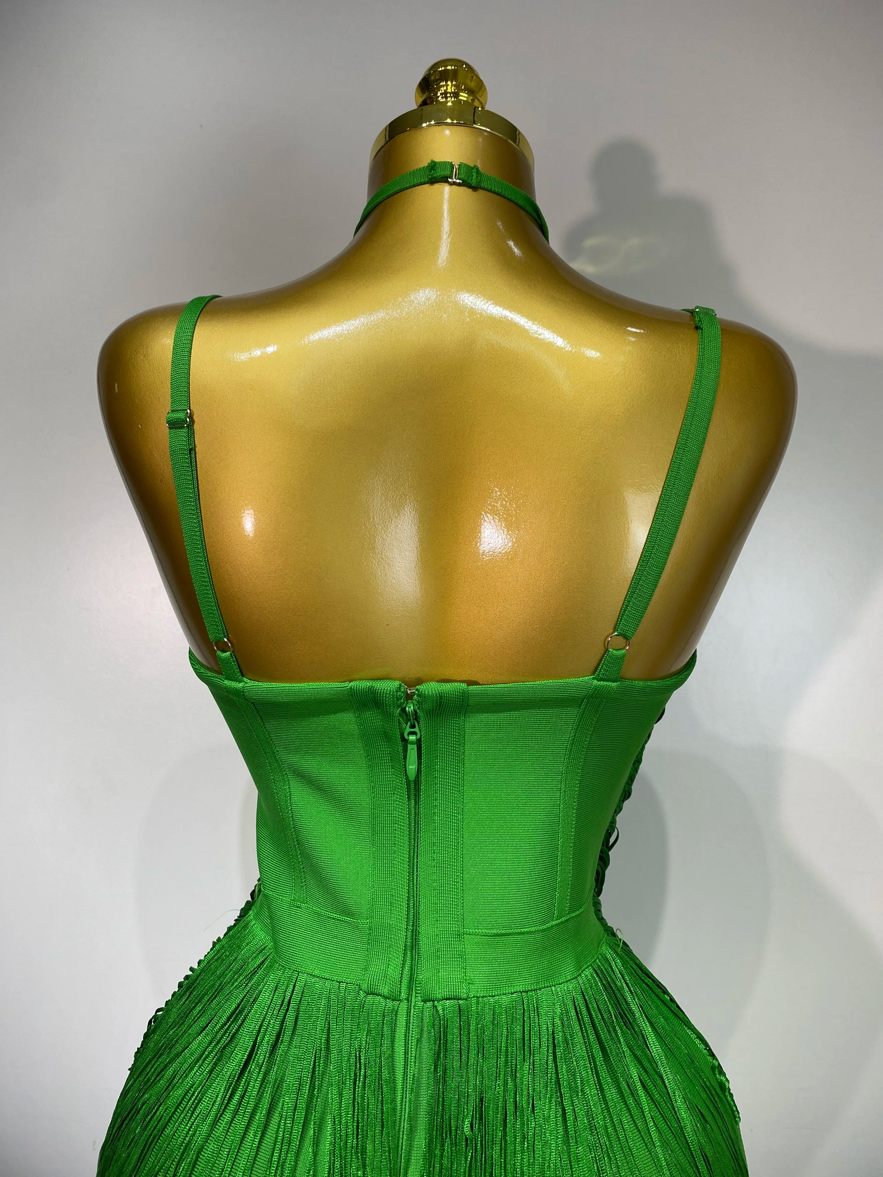 Women Sexy Backless Tassel Green Ankle Bodycon Bandage Dress 2025 Celebrity Elegant Evening Club Luxury Birthday Party Outfit ﻿
