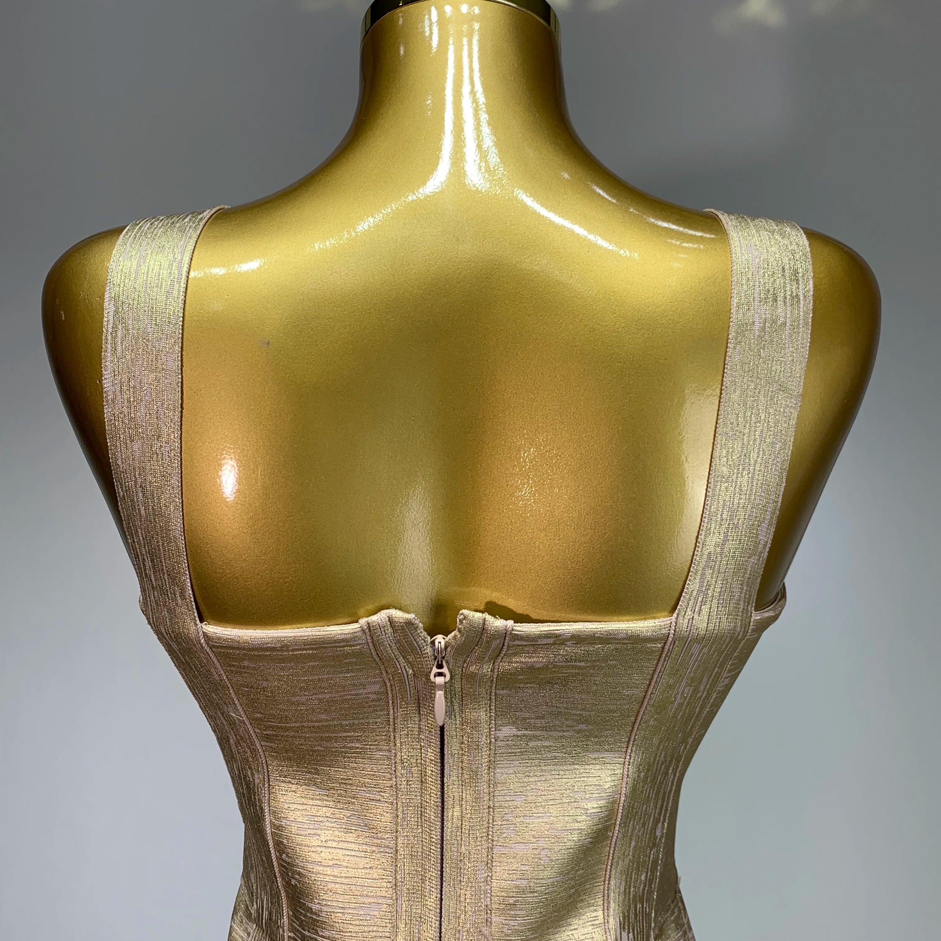 Women Sexy V Neck Bronzing Gold Midi Bodycon Bandage Dress 2025 Celebrity Elegant Evening Club Party Luxury Birthday Dress