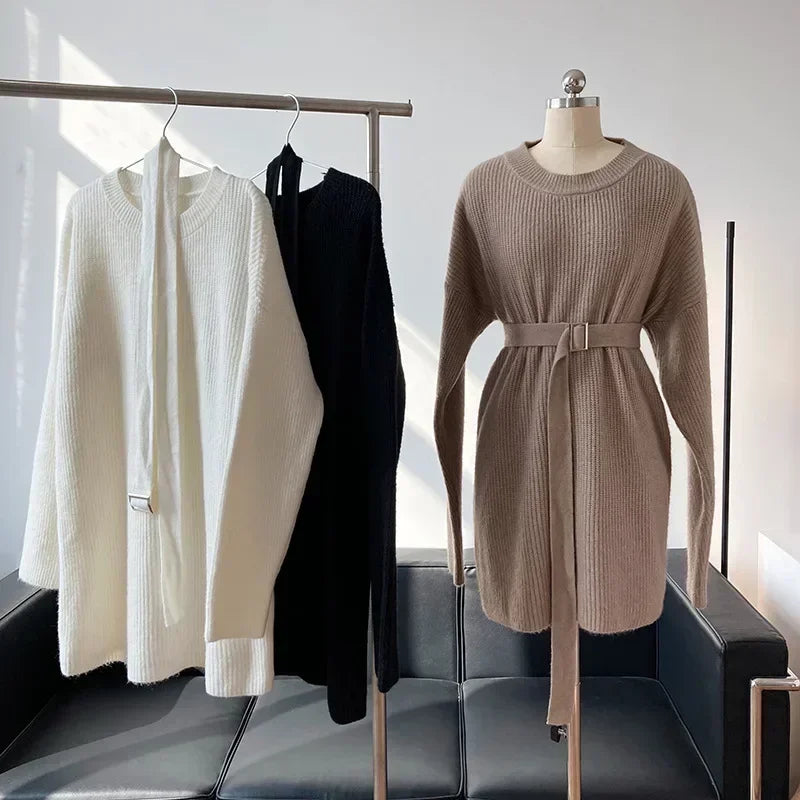 Autumn Winter Women's Long Sweater Dress with Blet Thick O Neck Knitted Pullovers Lady Korea Fashion Oversize Sweater Women