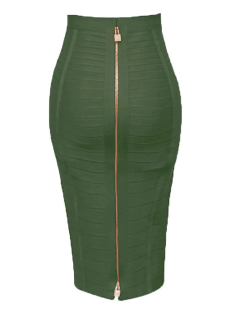 STOCK All Match Style 15 Colors Golden Zipper Package Hips Knee Length Bandage Skirt Fashion Office Lady Wear Woman Basics item army green