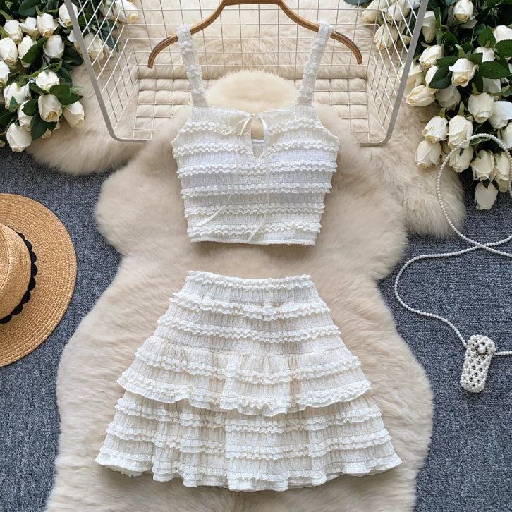 Beach Boho Women's Set Strap Sleeveless Tank Top and Ruched Mini A-line Skirts Two 2 Piece Sets 2025 Summer Outfits APRICOT One Size