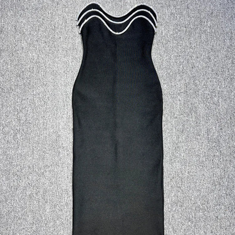 Women Sexy Off the Shoulder Diamond Line Bodycon Mid-calf Bandage Dress Fashion Evening Party Nightclub Celebrate Dress