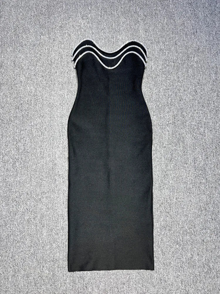 Women Sexy Off the Shoulder Diamond Line Bodycon Mid-calf Bandage Dress Fashion Evening Party Nightclub Celebrate Dress