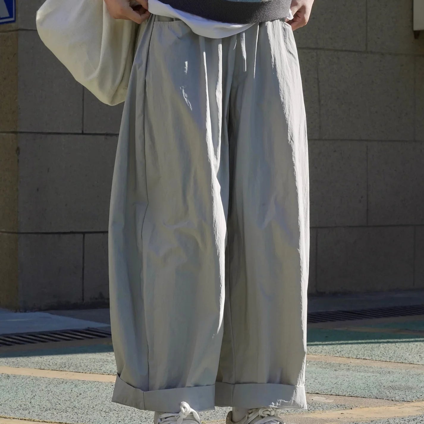 Summer women's casual solid color high waisted loose wide leg pants GRAY