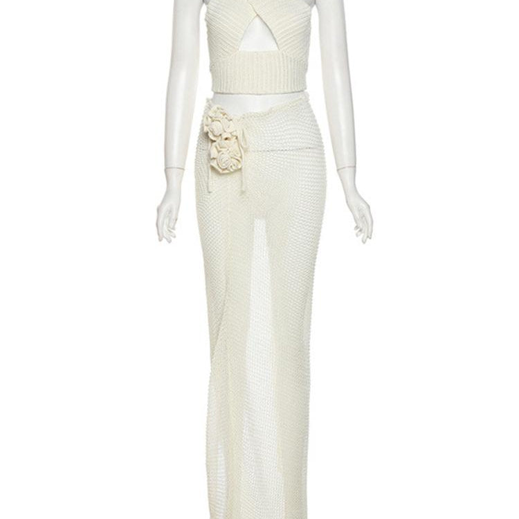 Tawnie Y2K Floral Appliques Knitted 2 Piece Sets Women 2024 Summer Sexy Halter Crop Top Split Maxi Skirt Sets Party Club Outfits