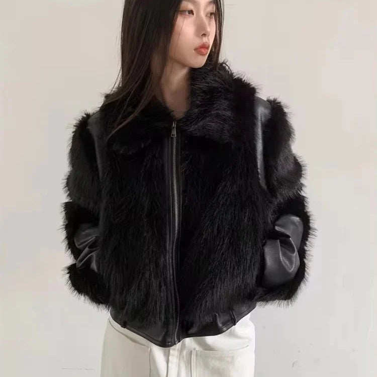 Autumn Winter Cool Short Black Soft Thickened Warm Hairy Shaggy Patchwork Faux Fox Fur Coat Women Fluffy Jacket 2023
