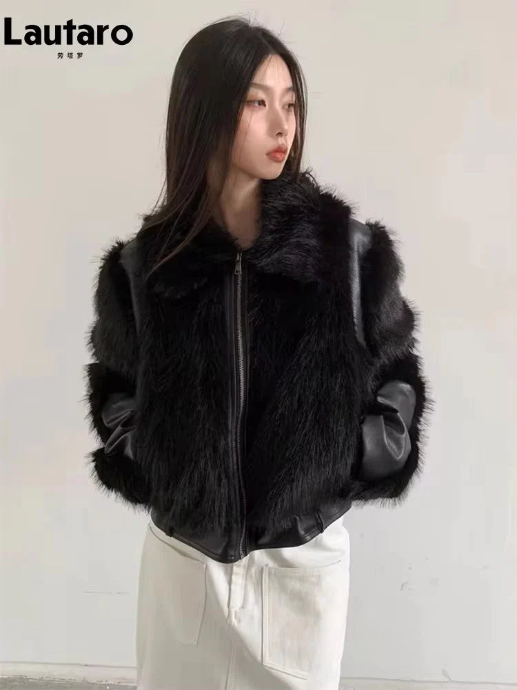 Autumn Winter Cool Short Black Soft Thickened Warm Hairy Shaggy Patchwork Faux Fox Fur Coat Women Fluffy Jacket 2023