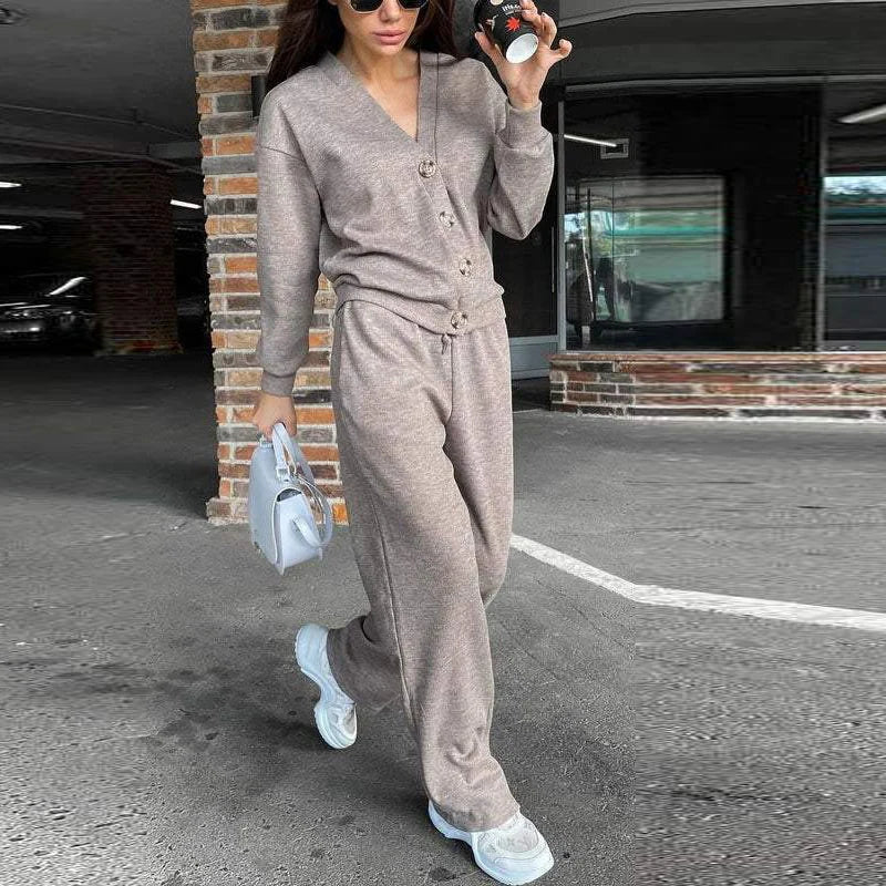 Autumn Winter Women Two Piece Set Button Cardigan Coat Drawstring Plus Size Pants Suit Female Casual Daily Wear 01