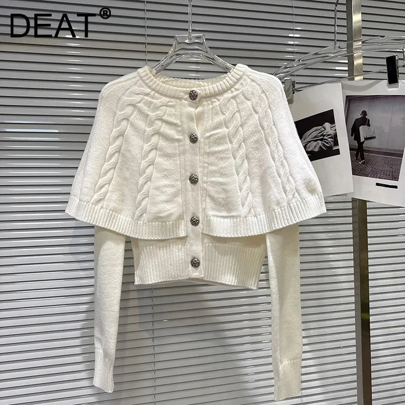 Winter New Elegant Sweet Twist Shawl Fake Two-Piece Knitted Sweater For Women Solid Color Versatile Tops 11A07507