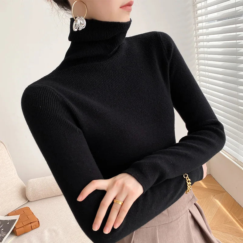 Women Sweater Winter Cashmere Turtleneck Warm Knitwear Korean Casual Solid Bottoming Shirt Fashion Knit Pullovers Brown Sweater black