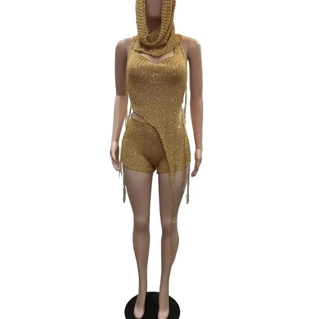 Knit Ribbed Women's Set Halter Neck Backless Crop Top with Hat Shorts Suit 2023 Summer Two 2 Piece Set Outfit Tracksuit