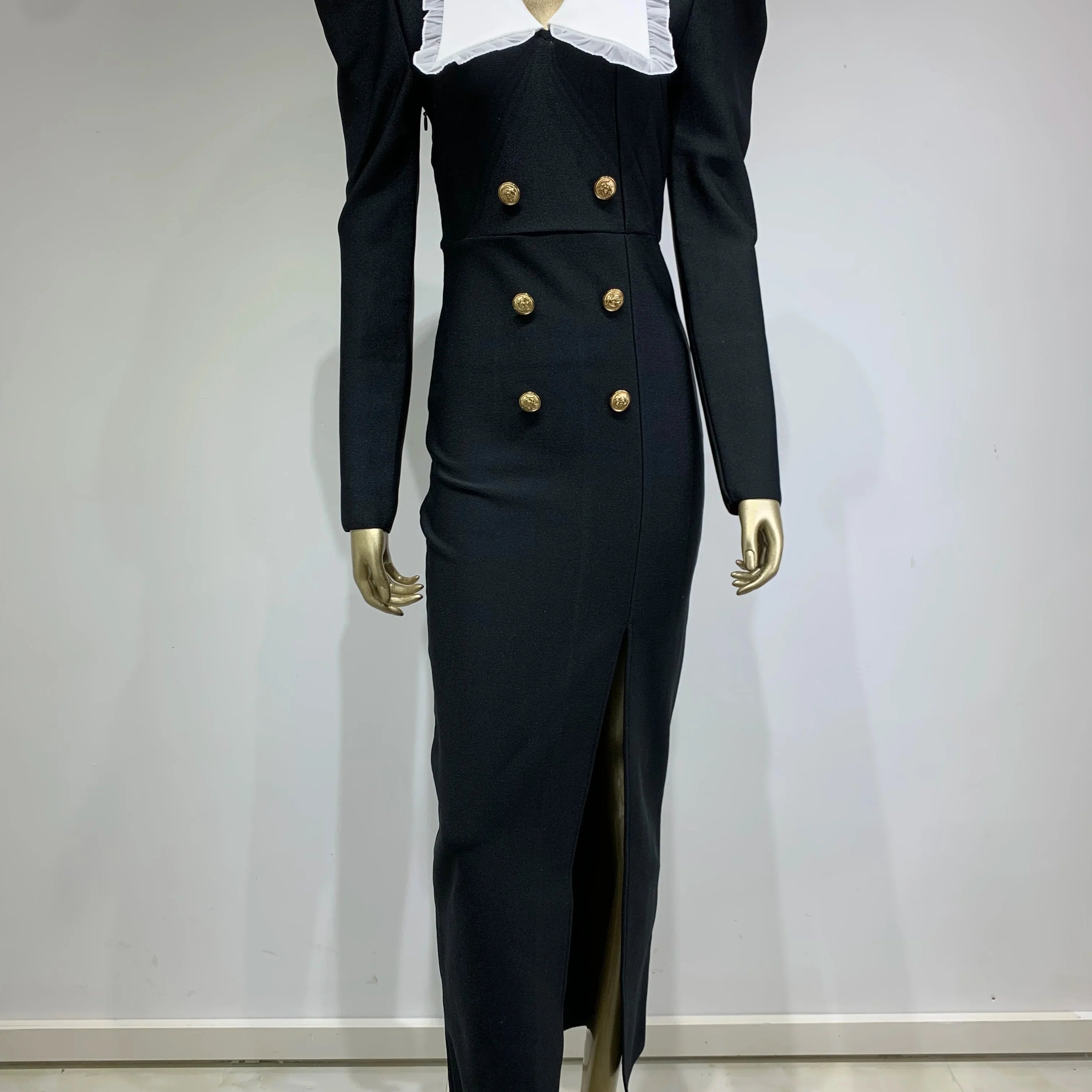 Women Celebrity Sexy Long Sleeve Patchwork Button Black Long Bodycon Bandage Dress Elegant Evening Club Party Dress