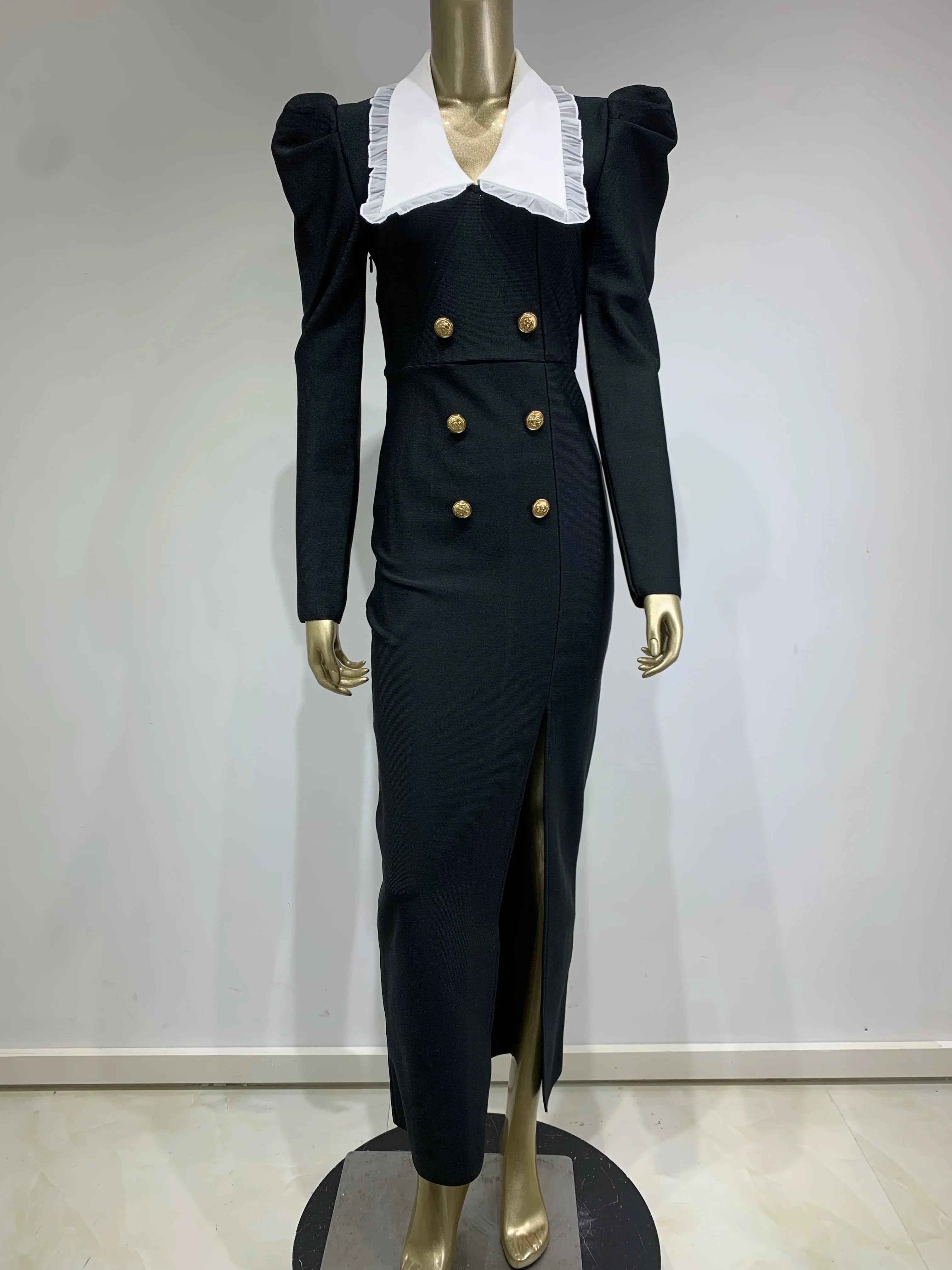 Women Celebrity Sexy Long Sleeve Patchwork Button Black Long Bodycon Bandage Dress Elegant Evening Club Party Dress
