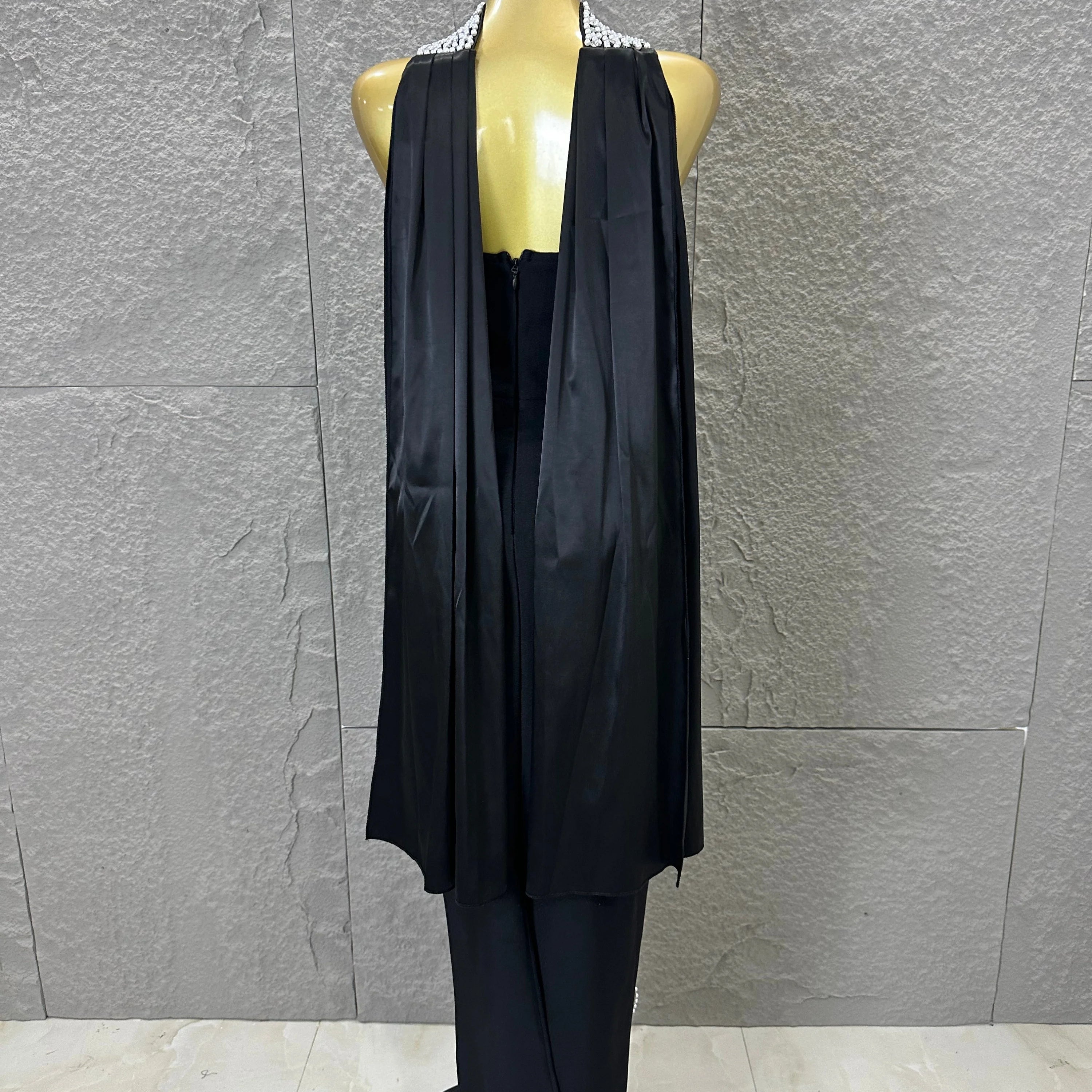 Sexy Black Pearl Studded Maxi Dress Halter Cape Bandage Bodycon Stage Birthday Party Nightclub Celebrate Photo Shoot Out