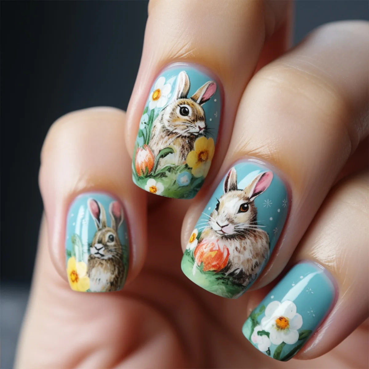 24pcs Easter Cute Rabbit Press On Nails Spring Daisy Flower Design Fake Nail Tips for Girl Women Wearable Short Cute False Nails