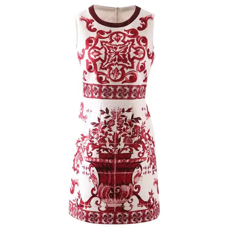 Runway Summer Short Dress Women's O-Neck Sleeveless Yellow Blue And White Porcelain Flower Print Holiday Tank Mini Vestidos red