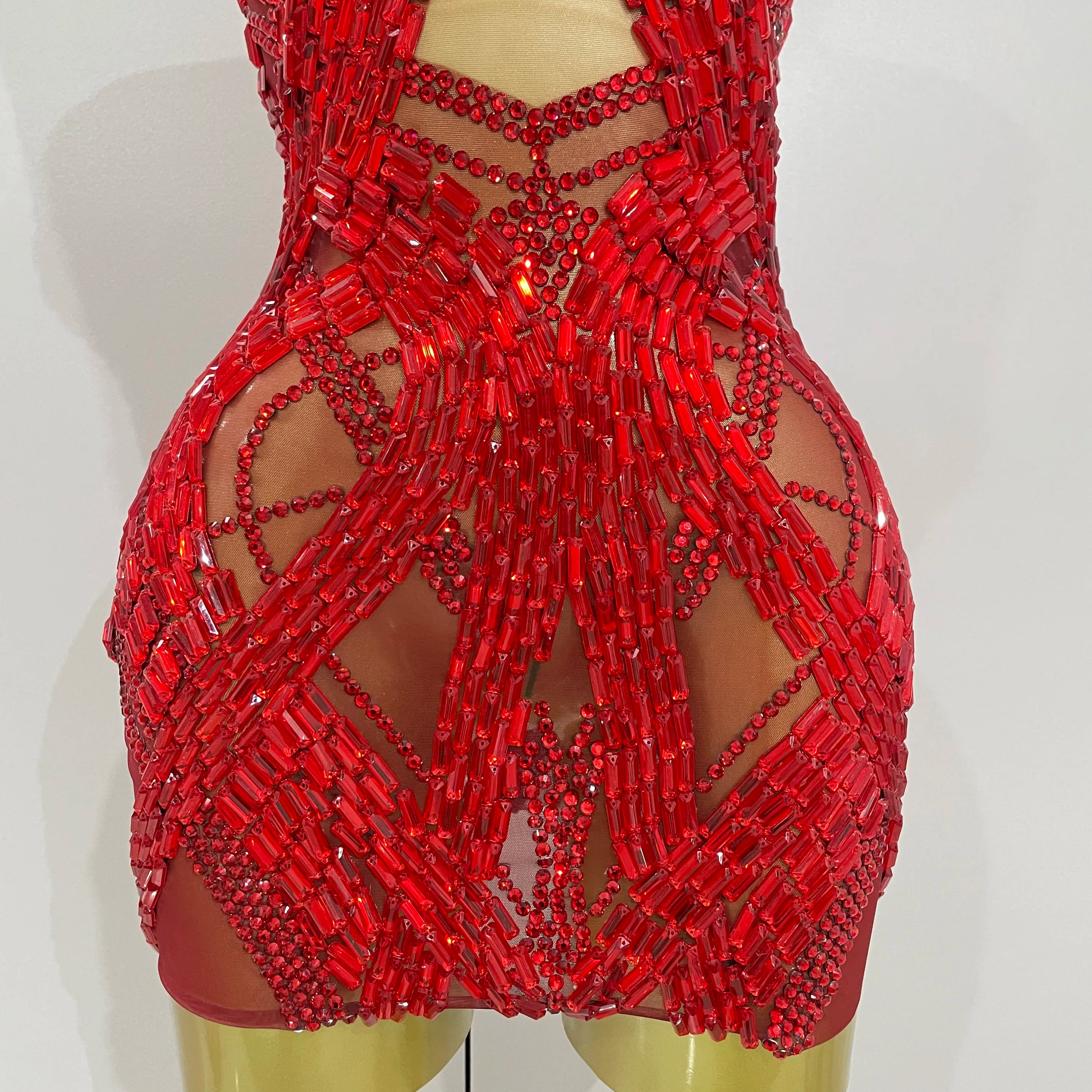 2025 Shining Red Rhinestones Sexy Mesh See-Through Mini Dress Women Celebrate Evening Prom Birthday Party Dress Stage Shoot Wear