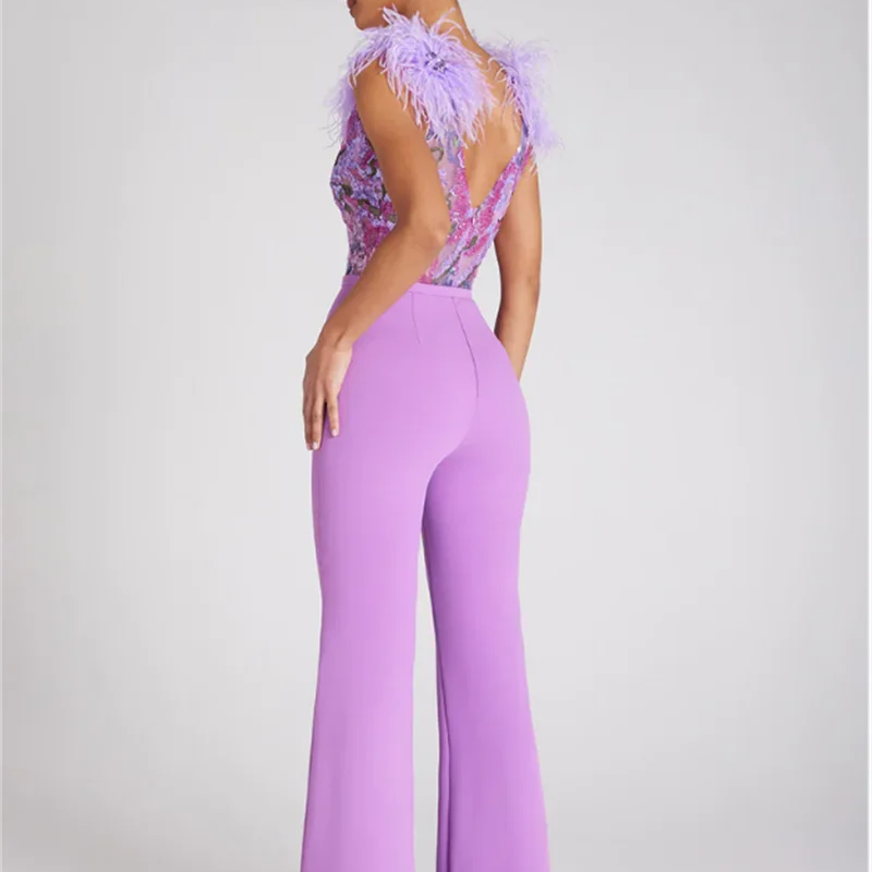 Gorgeous Feathers Shining Sequins Sexy V-Neck Sleeveless Violet Jumpsuit Graceful Woman Evening Party Outfit