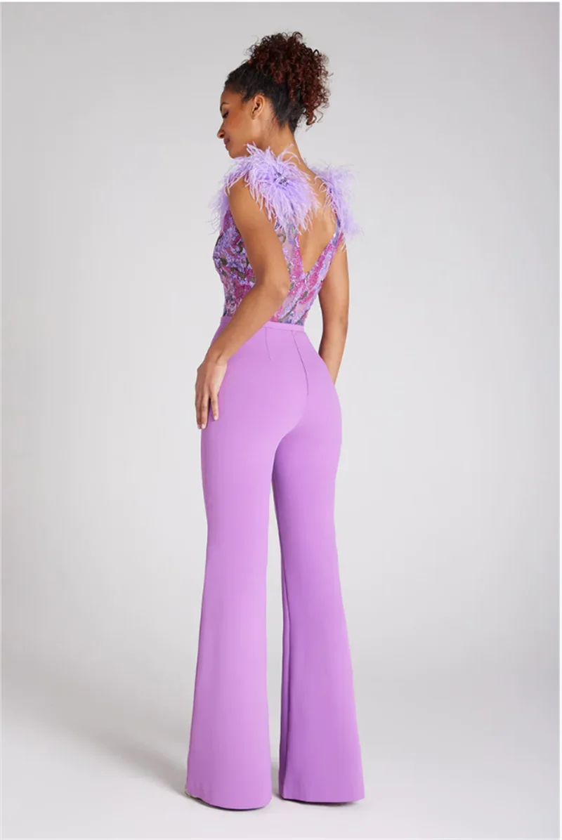 Gorgeous Feathers Shining Sequins Sexy V-Neck Sleeveless Violet Jumpsuit Graceful Woman Evening Party Outfit