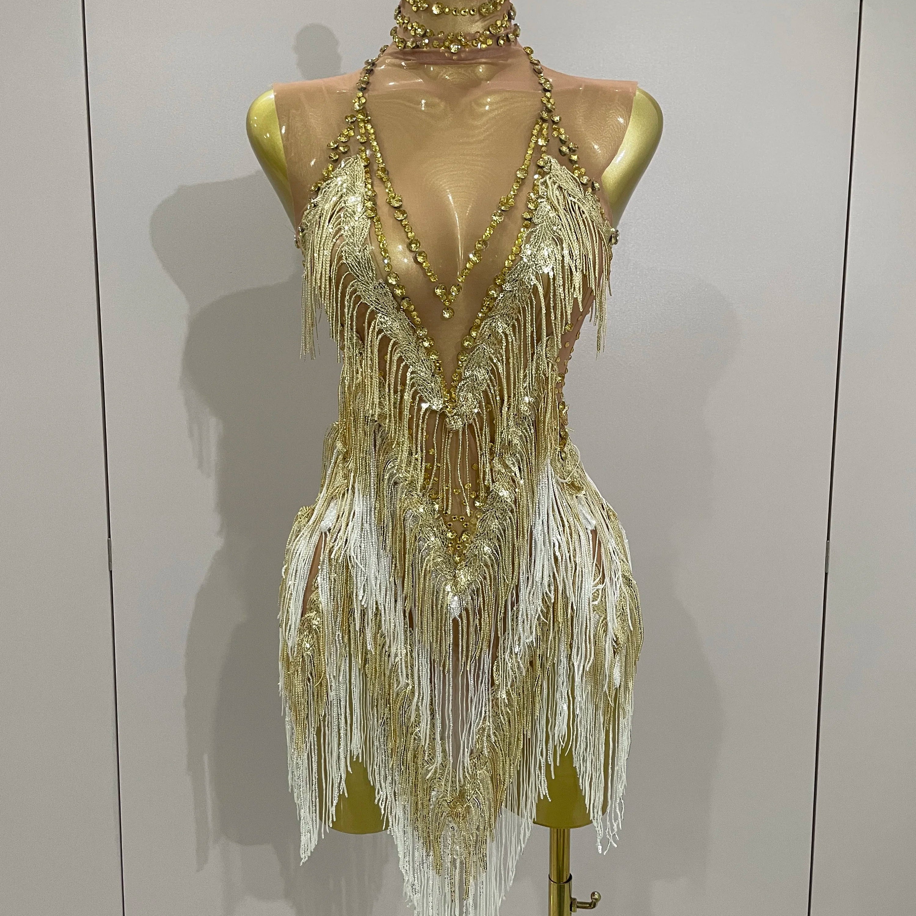 Stock 2025 Women Sexy Stretch Mesh Sparkly Rhinestone Tassels Mini Dress Nightclub Singer Dance Stage Costume Evening Gowns Gold