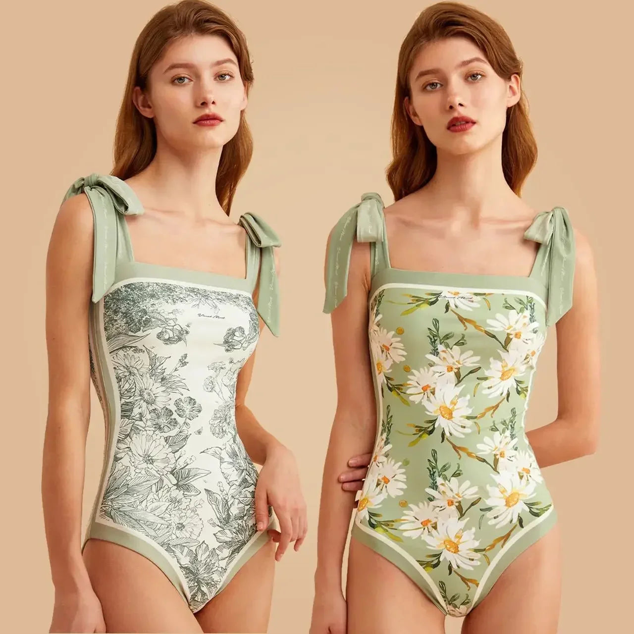 New Vintage Printed Double-sided Wear Swimming Bathing Suit Women Bandage Sexy One Piece Swimsuit Beachwear Swimwear Woman Green