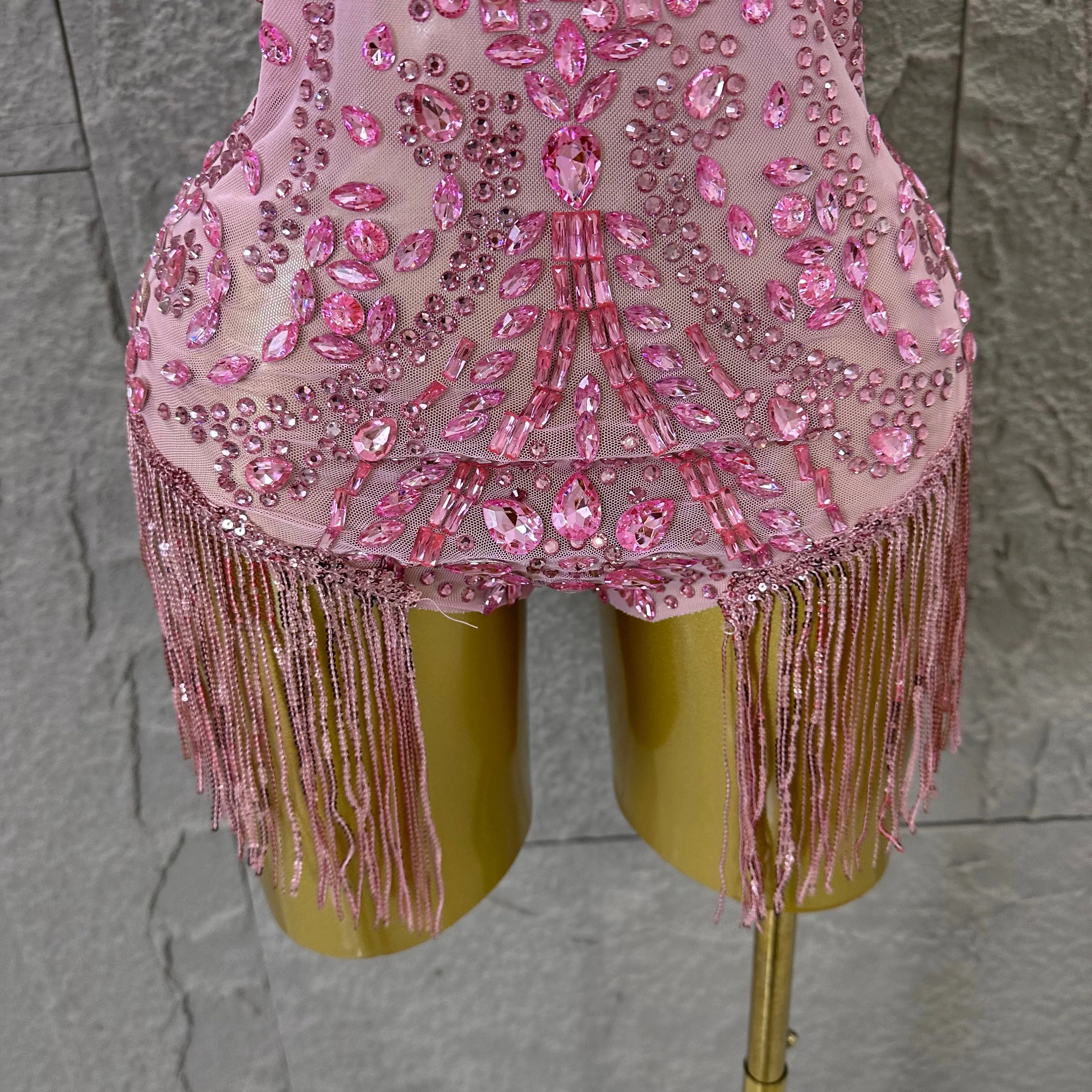 Pink Spaghetti Strap Bodysuit Women Sexy Deep V Neck Sheer Mesh Crystal Embellished Fringe Form-Fitting Formal Event Outfit