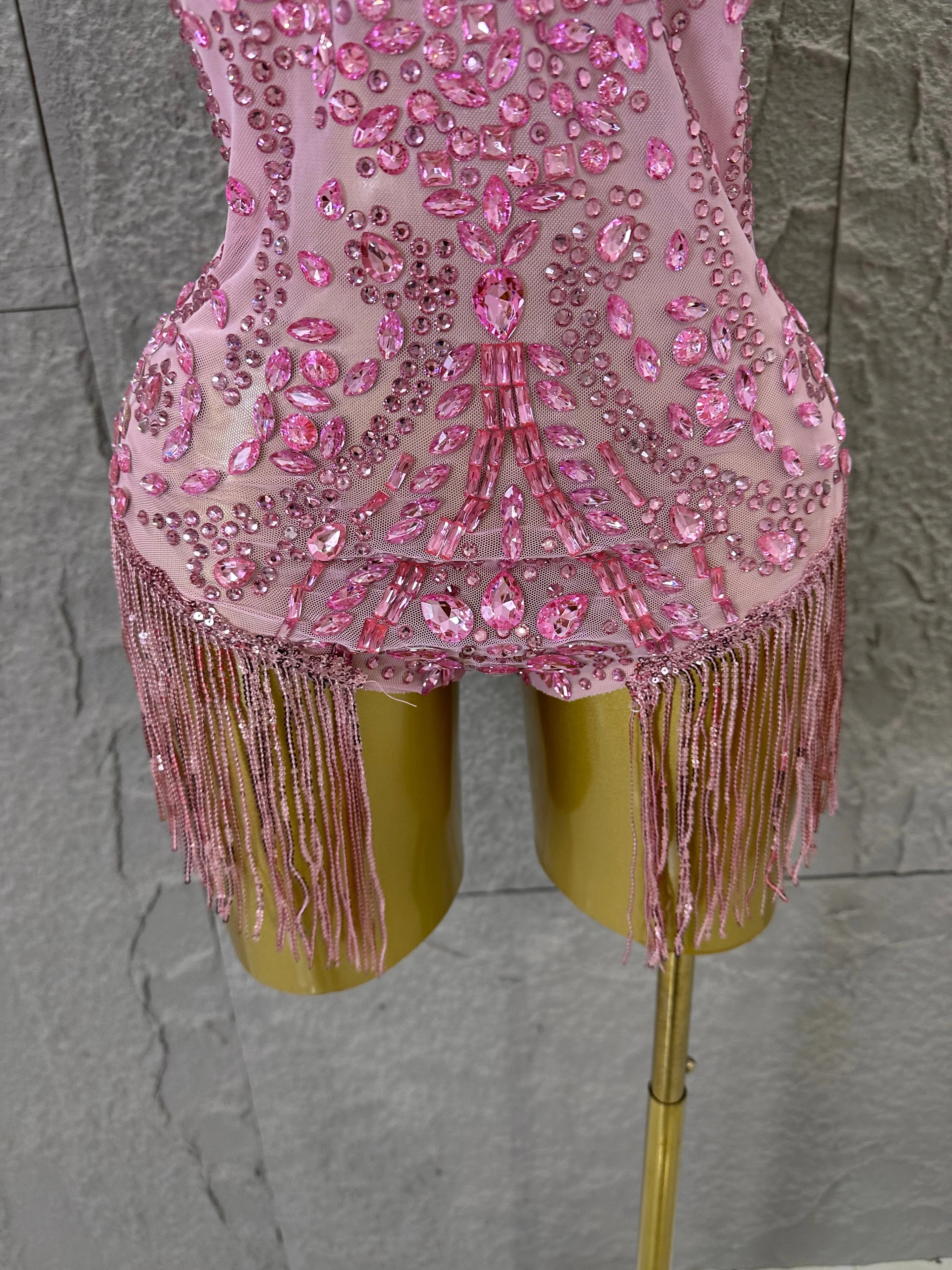 Pink Spaghetti Strap Bodysuit Women Sexy Deep V Neck Sheer Mesh Crystal Embellished Fringe Form-Fitting Formal Event Outfit