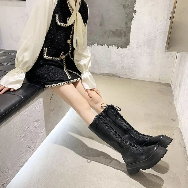 Women Motorcycle Boots Wedges Flat Shoes Woman High Heel Platform PU Leather Boots Lace Up Women Shoes Black Boots