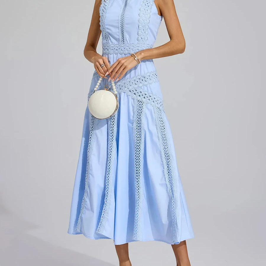 Solid Slimming Spliced Hollow Out Dresses for Women Round Neck Sleeveless Patchwork Lace Dress Female Clothing New