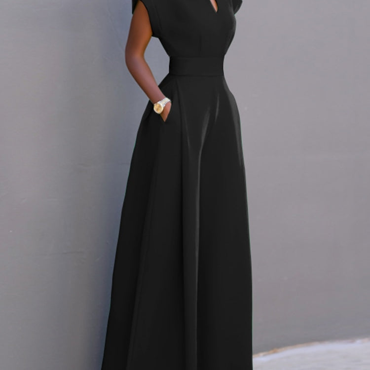 Summer Holiday Overalls Casual Elegant Playsuit Women Short Sleeve Long Rompers Commuting Wide Leg Pants Jumpsuits Black