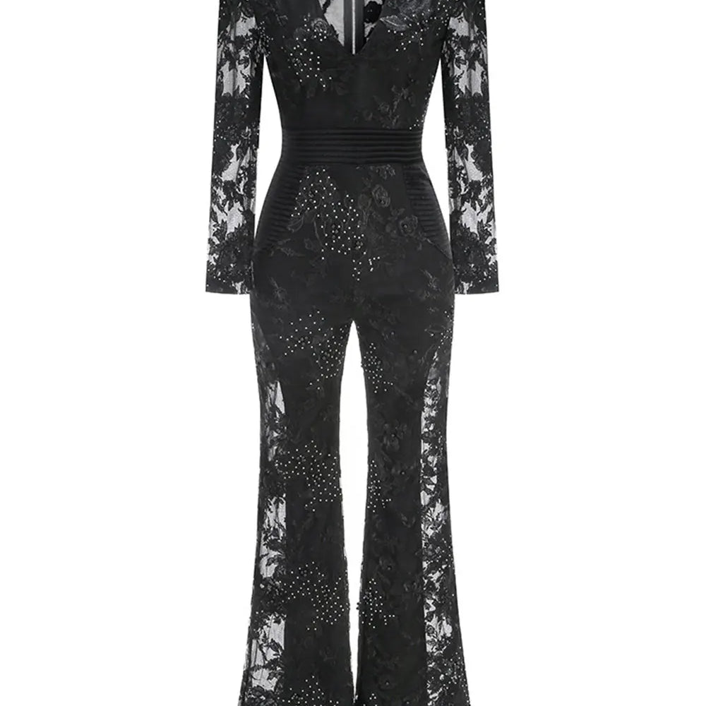 2025 Sexy Women's Light Luxury Embroidered Hot Diamond Patchwork Design jumpsuit V-neck Long sleeved Evening Party Horn jumpsuit black