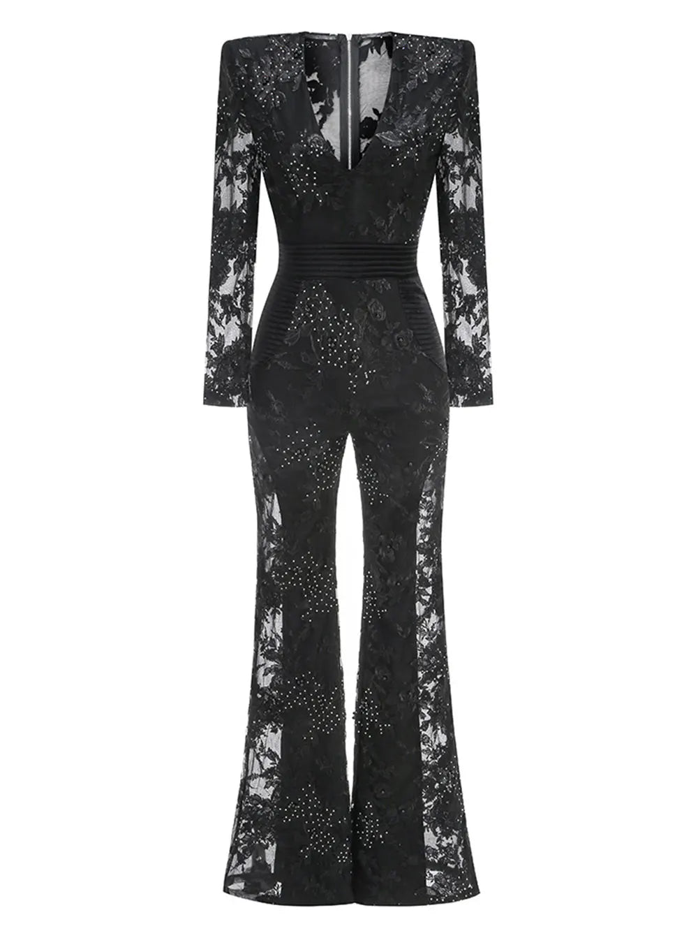 2025 Sexy Women's Light Luxury Embroidered Hot Diamond Patchwork Design jumpsuit V-neck Long sleeved Evening Party Horn jumpsuit black