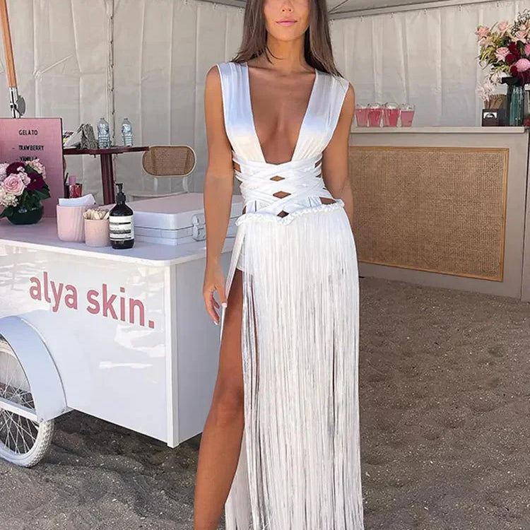 White Bandage Tassel Patchwork Hem Long Dress Women Sexy Off Shoulder Sleeveless Backless Dresses Lady Beach Party Robes