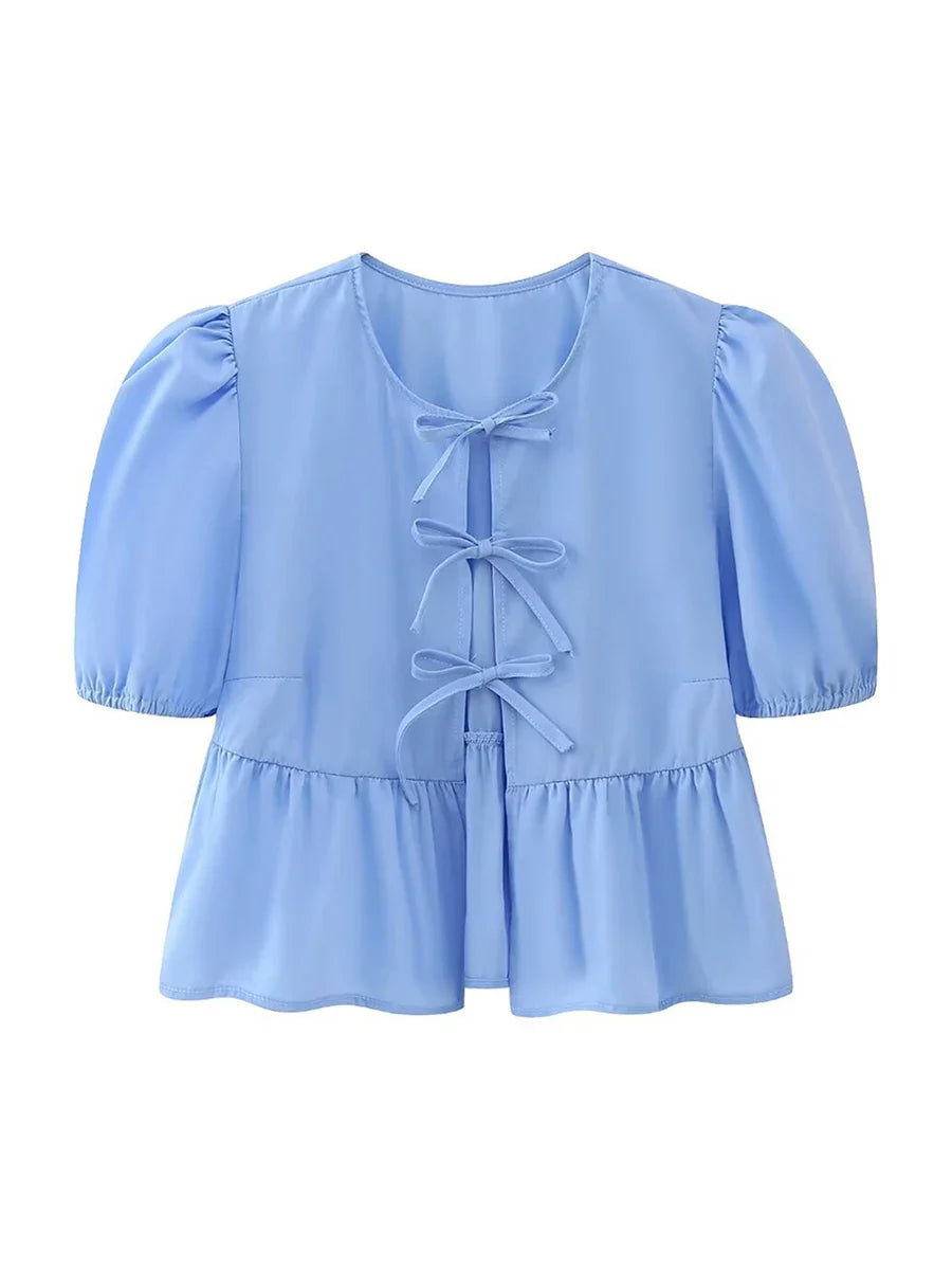 wsevypo Chic Summer Babydoll Shirts Solid/Stripe Short Women's Puff Sleeve Round Neck Tie-Up Front Peplum Blouses Top for Street H