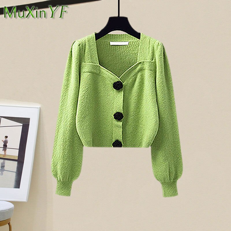 Women's 2024 Spring Autumn Fashion Knitted Sweater+Strap Dress Two-piece Korean Elegant New in Matching Sets Female Skirt Suit