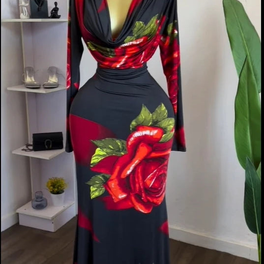 Women Rose Printed Long Sleeve Pile Neck Bodycon Midi Maxi Long Dress 2025 Summer Birthday Vacation Sexy Party Dresses