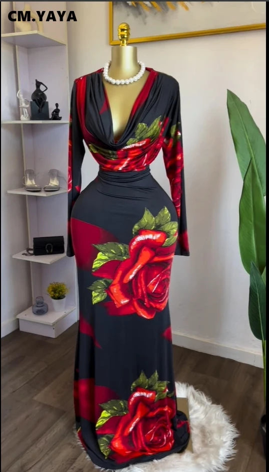 Women Rose Printed Long Sleeve Pile Neck Bodycon Midi Maxi Long Dress 2025 Summer Birthday Vacation Sexy Party Dresses
